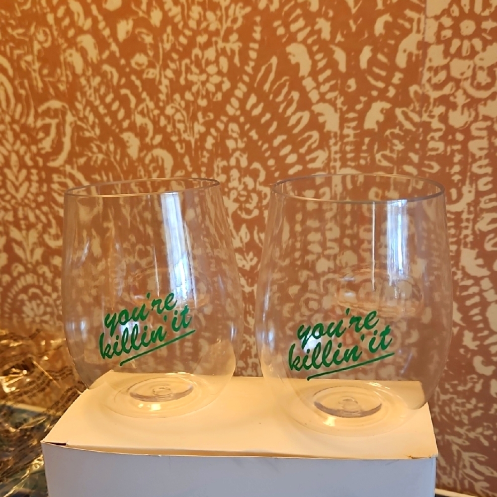 Set of Two Stemless Wine Glasses Green Text "You're Killin It"  New